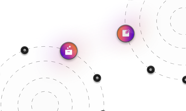 Abstract illustration of apps connected along orbital paths.